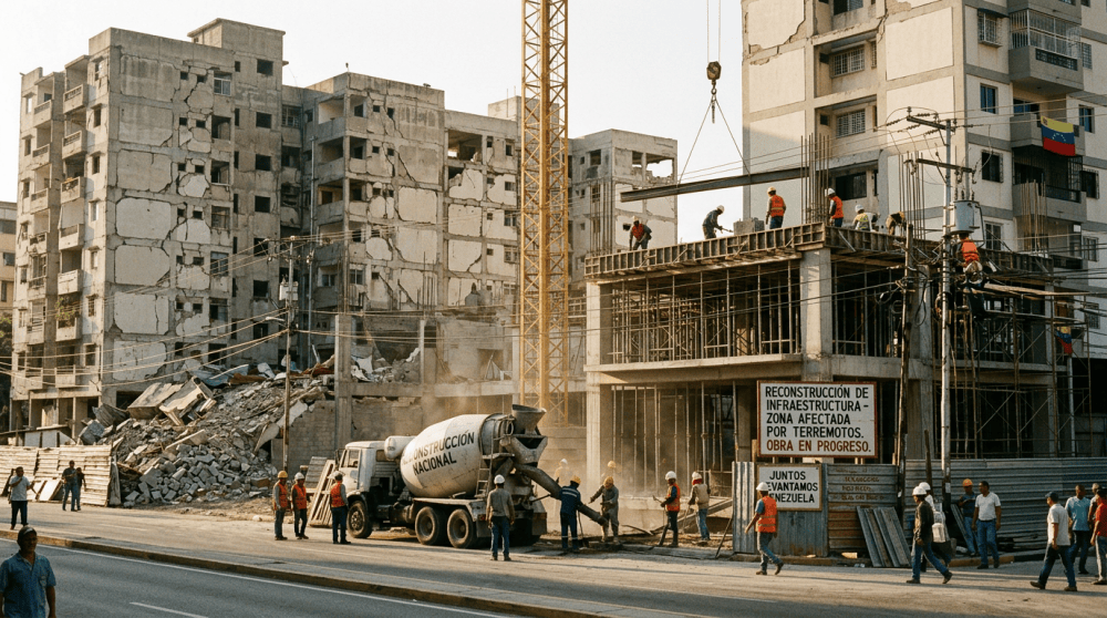 Construction workers repairing earthquake-damaged buildings with cement mixer and scaffolding