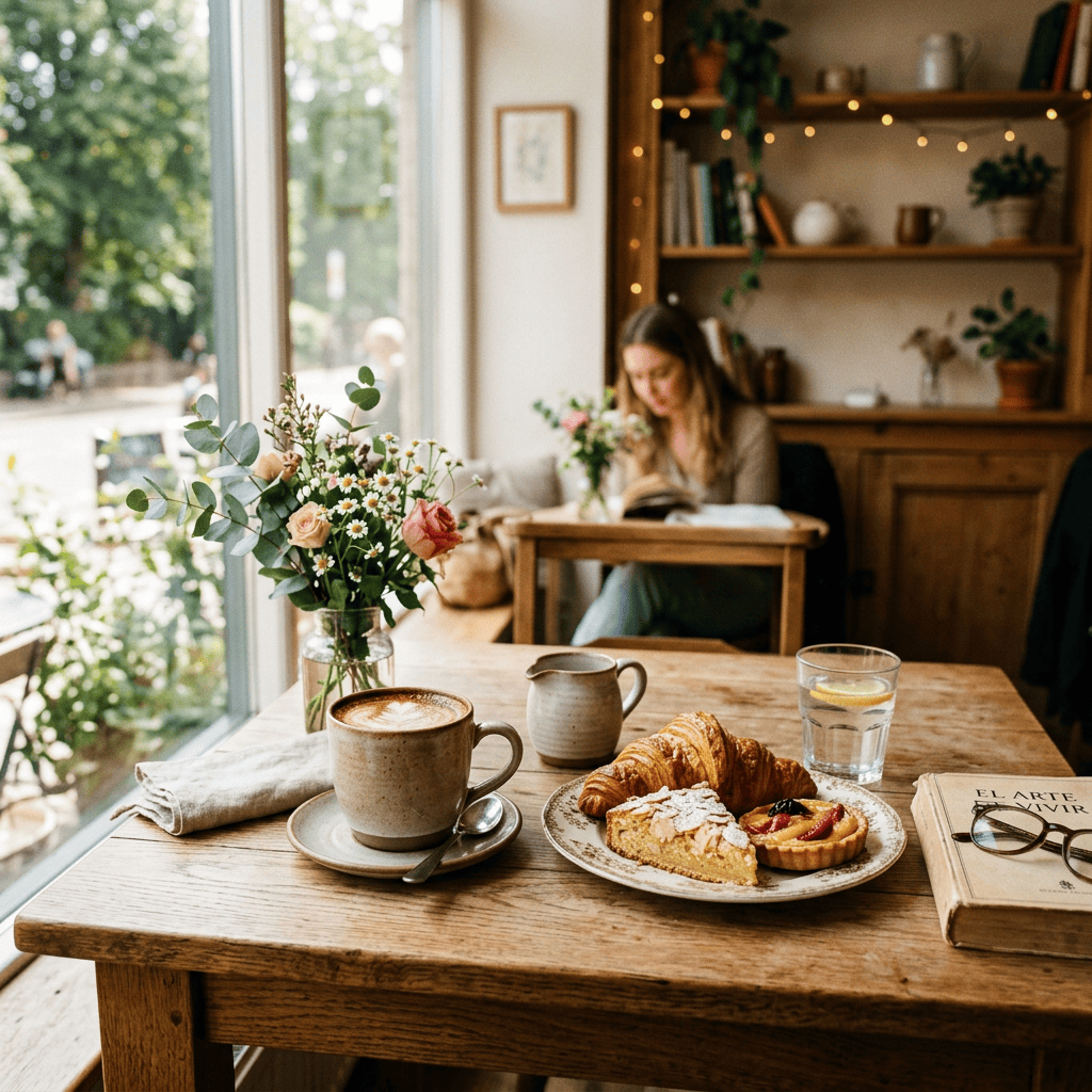 Café table with coffee, pastries, flowers, and a book by window